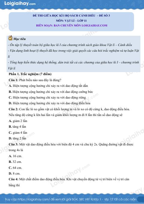 Đề thi giữa học kì 1 Vật lí 11 Cánh diều - Đề số 03